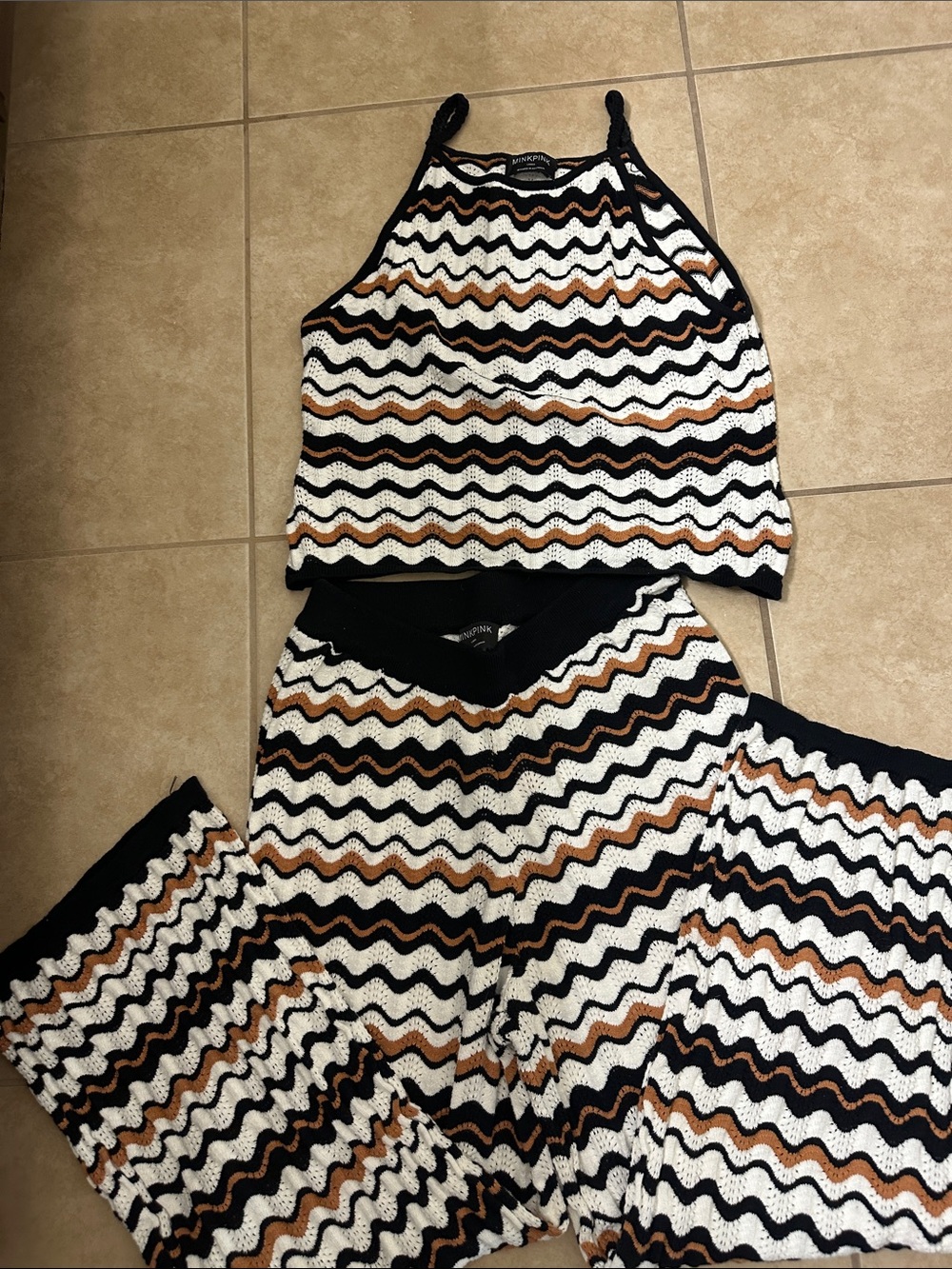 MINKPINK Black White and Brown Zigzag Knit/ Crochet pant and matching top